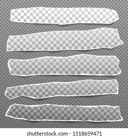 Pieces of torn, white squared realistic horizontal paper strips with soft shadow are on grey background. Vector illustration