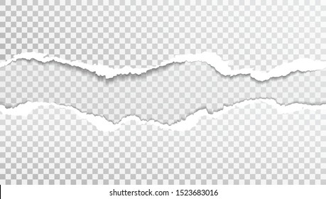 Pieces of torn, white squared realistic horizontal paper strips with soft shadow are on grey background. Vector illustration