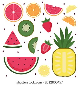Pieces of tropical fruit-a set. Bright sliced fruits. 