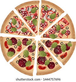 Pieces of two kinds of pizza are folded in a whole circle. Vector illustration on white background.