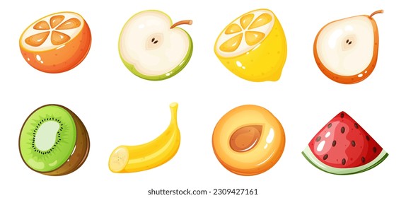 Pieces of various fruits set. Cartoon style vector illustration. Game slot element.