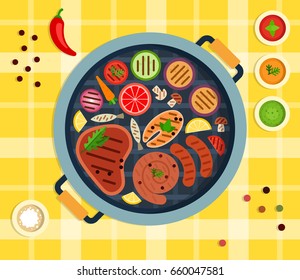 Pieces of vegetables, fish and meat on a round grill, sauces, chili and salt on a yellow tablecloth in a cage vector flat material design isolated 
