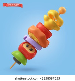 Pieces of vegetables and fruits on a skewer 3d cartoon vector icon