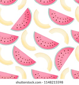 Pieces of watermelon and melon seamless pattern. Summer vector background.