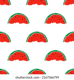 Pieces of watermelon with seeds turned upside down. Seamless cute pattern for modern textile, decorative paper. Vector.
