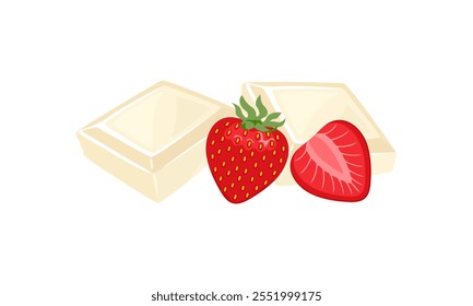 Pieces of white chocolate bar and strawberry. Vector cartoon flat illustration. Sweets icon.