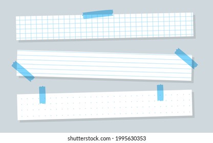 Pieces white paper with blue lined. Horizontal templates checkered or line sheet. Copybook sheet with dotted and grid patterns. Memo paper with scotch tape. School notebook paper. Vector illustration