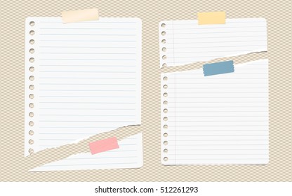 Pieces of white torn note, notebook paper sheets with colorful adhesive, sticky tape stuck on brown background