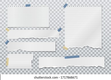 Pieces of white torn, ripped, lined note, notebook paper pieces with soft shadow are on squared background for text. Vector illustration