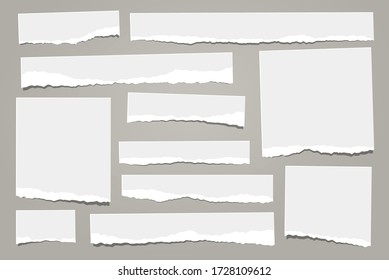 Pieces of white torn, ripped note, notebook paper pieces with soft shadow are on grey background for text. Vector illustration