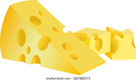 Pieces of yellow cheese with holes. Color image of food. Vector illustration isolated on white background.