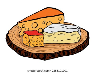 Pieces of yellow cheeses and brie cheese on wooden slice. Cheese snack. Cheese board. Vector illustration