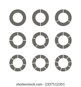 Piechart with grey segments. Circle section template. Pie diagram divided into gray pieces. Circular chart. Round structure graph. Set schemes with sectors. Vector illustration