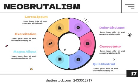 Pie-chart with neobrutalism elements infographic design template. Colour circle with 6 segments presentation for business data analytics visualization. Round cycle diagram in y2k style.