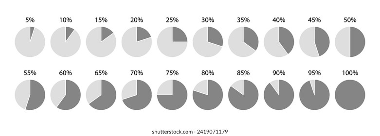 Piechart with segments and slices. 100 percent circle pie bar. Loading diagram bar. Grey round progress template. Circular chart. Schemes with sectors. Vector illustration