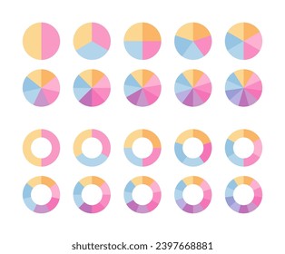 Piechart with segments and slices. Ring section template. Circular structure chart divided into multicolor segments. Circle graph. Pie diagram. Set schemes with sectors. Vector illustration