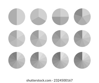 Piechart with segments and slices in shades of gray colors. Circular structure chart. Ring section template. Circle graph. Pie diagram. Set schemes with sectors. Vector illustration