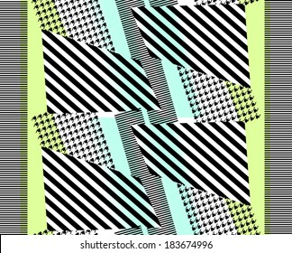 Pied de poule patterned and striped patterned fabric print design.