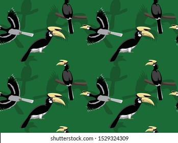 Pied Hornbill Cartoon Vector Illustration Seamless Pattern Wallpaper-01