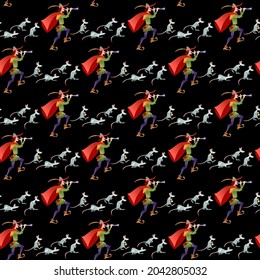 Pied Piper of Hamelin (German: Rattenfänger von Hameln). German fairy tale.  Seamless background pattern. Vector illustration