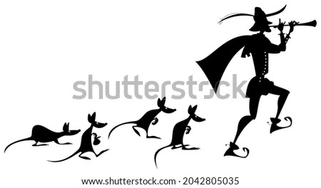 Pied Piper of Hamelin (German: Rattenfänger von Hameln). German fairy tale. Black and white. Vector illustration