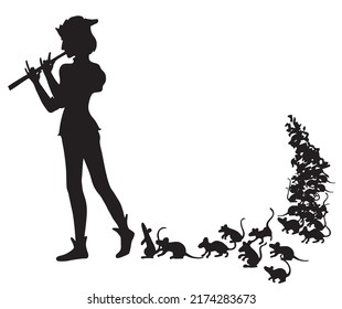 Pied Piper Hamelin  Vector Illustration  Silhouette  White Background Isolated  A man plays pipe   takes the rats out town  Legend the Hamelin Pied Piper  An ink drawing 