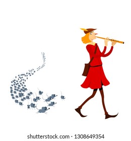 Pied Piper of Hamelin Vectoral Illustration. White Background Isolated. Children Books, Maagazines, Web Pages, Blogs.