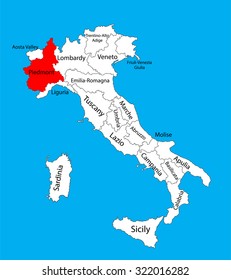 Piedmont, Piemonte province in Italy, vector map illustration isolated on background. 