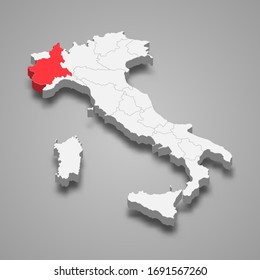 Piedmont region location within Italy 3d map