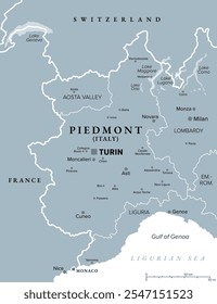 Piedmont region in northwest Italy, gray political map. Second largest Italian region with capital Turin bordering France, Switzerland, and regions Aosta Valley, Lombardy, Emilia-Romagna, and Liguria.