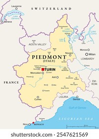 Piedmont region in northwest Italy, political map. Second largest Italian region with capital Turin, bordering France, Switzerland, and the regions Aosta Valley, Lombardy, Emilia-Romagna, and Liguria.