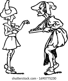 A Pie-man selling pie and a man asking something to him, Pie-man holding tray of pies, vintage line drawing or engraving illustration