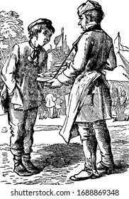 A Pie-man selling pie and young boy asking something to him, Pie-man holding tray of pies, vintage line drawing or engraving illustration
