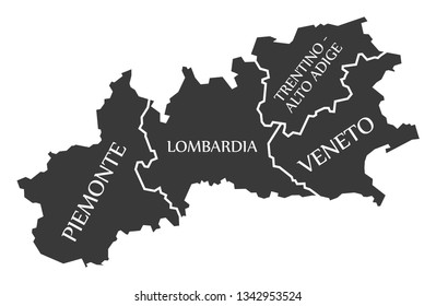 Piemonte - Lombardia - Trentino - Alto Adige - Veneto region map Italy