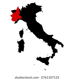 Piemonte province highlighted on Italy map with clear regional boundaries, accurate geographic proportions