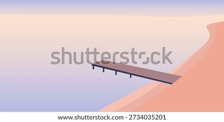 Pier aerial silhouette illustration. Rectangular pier extending into calm water with visible flat thickness. Soft wave bands on the water surface and clean shoreline separation.