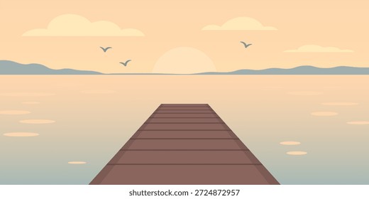 Quadras de píer estendendo-se para a ilustração de água calma. Perspectiva de tábuas de madeira. Reflexão ondulante suave água. Formas litorâneas distantes. Mínimo cenário costeiro.
