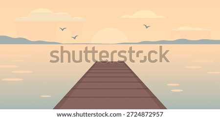 Pier boards extending into calm water illustration. Wooden planks perspective. Gentle water ripple reflection. Distant shoreline shapes. Minimal coastal scene.