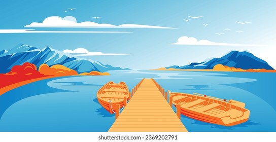 pier with boats autumn landscape. Calm water in the lagoon. Horizon. Advertising of tourism, travel, adventure and recreation. Vector illustration