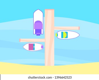 Pier boats top view. Sandy beach. Summer rest. Vector illustration