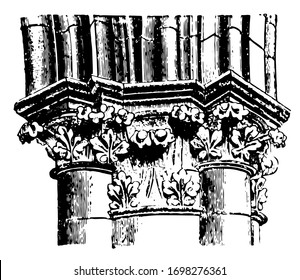 Pier Cap and arch moldings, from Chartres Cathedral,  vintage engraving.