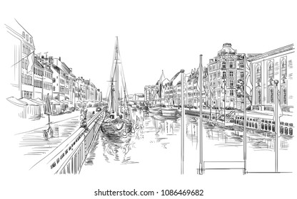 Pier in Copenhagen, Denmark. Landmark of Denmark. Vector hand drawing illustration in black color isolated on white background.