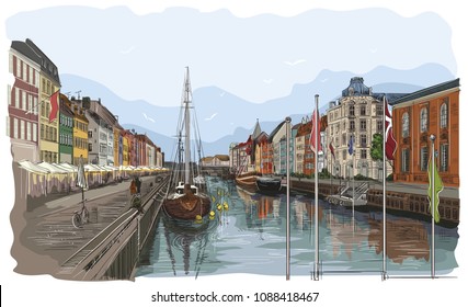 Pier in Copenhagen, Denmark. Landmark of Denmark. Vector colorful hand drawing illustration isolated on white background.