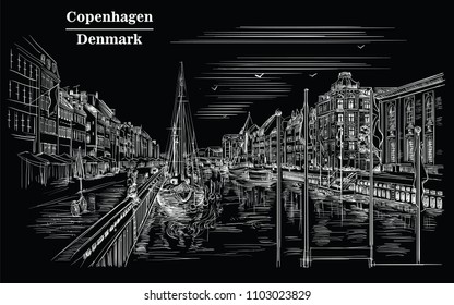 Pier in Copenhagen, Denmark. Landmark of Denmark. Vector hand drawing illustration in white color isolated on black background.