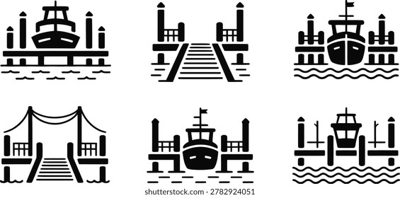 Pier dock harbor boat ship water black flat vector icon