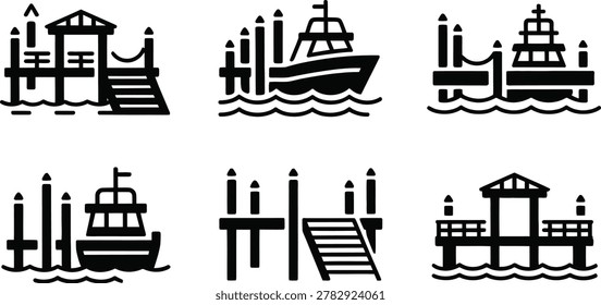 Pier dock harbor boat ship water black flat vector icon
