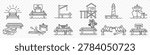 Pier and dock waterfront icon set – editable outline symbols of jetty, lighthouse, fishing, kayak, boat, stilt house, hammock, palm tree and coastal marine elements