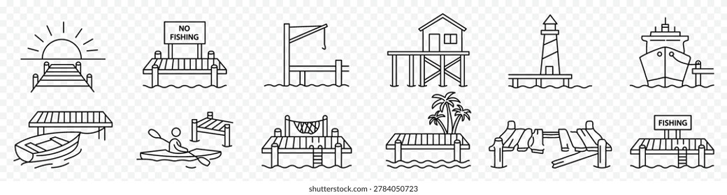 Pier and dock waterfront icon set – editable outline symbols of jetty, lighthouse, fishing, kayak, boat, stilt house, hammock, palm tree and coastal marine elements