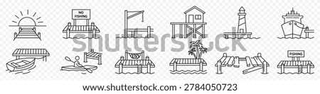 Pier and dock waterfront icon set – editable outline symbols of jetty, lighthouse, fishing, kayak, boat, stilt house, hammock, palm tree and coastal marine elements