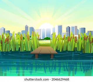 Pier for fishing on coast of river or lake. Wild pond. Summer landscape. A city in the distance. Morning sunrise. Water flow and shallow waves. Illustration vector.